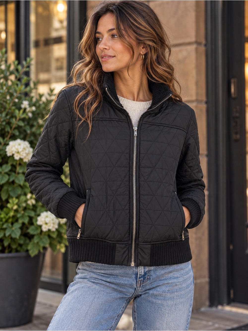 prAna Black Quilted Sherpa Lined Jacket Full Zip Bomber Medium